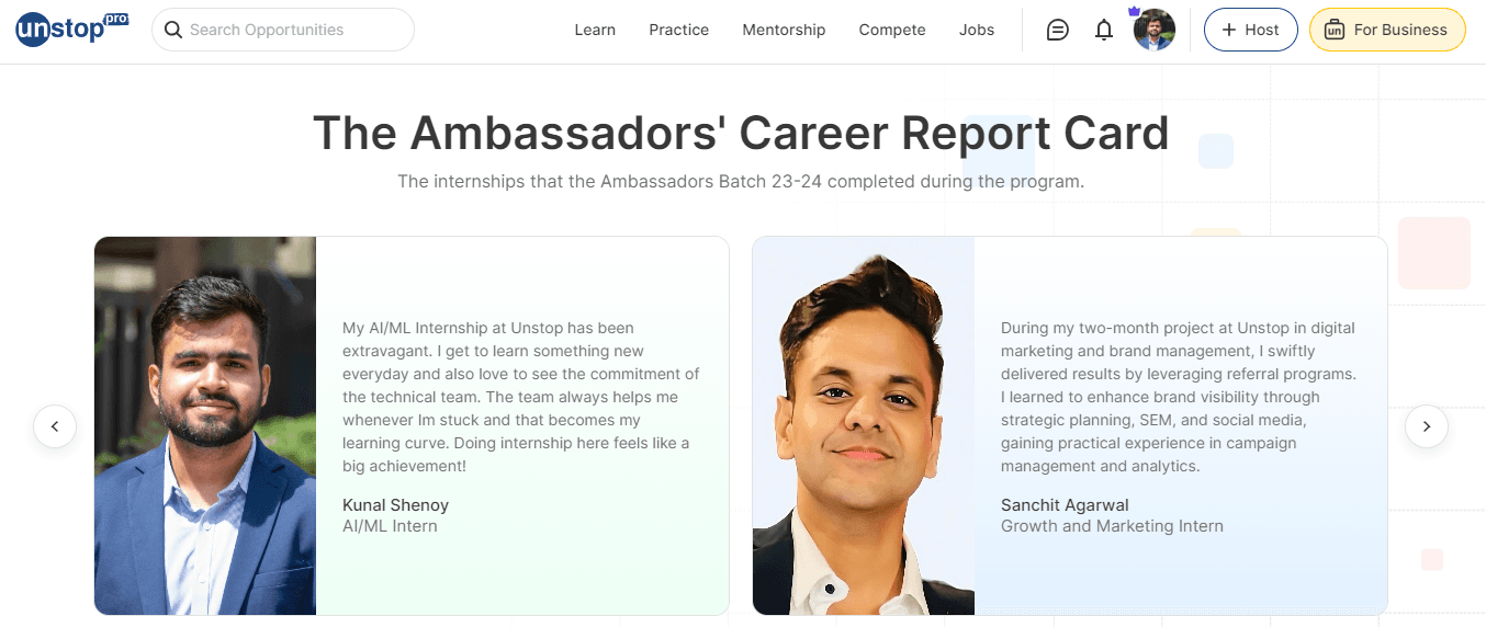 Featured in Unstop's Ambassadors' Career Report Card